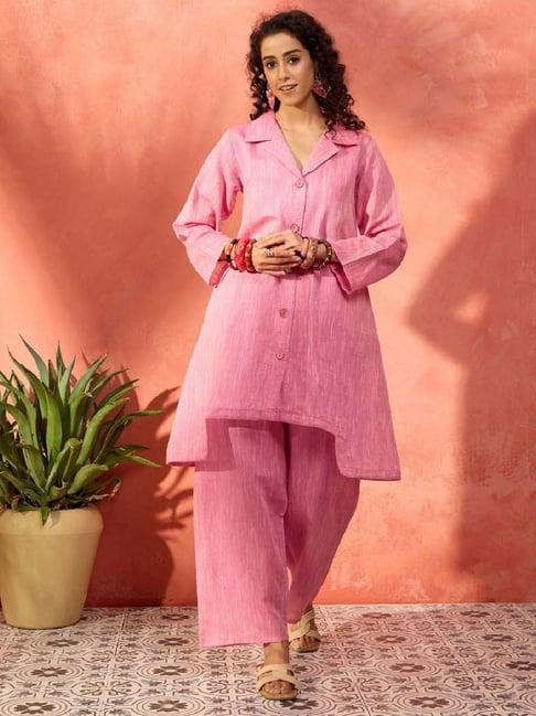 inweave pink cotton textured pattern kurta & pant set