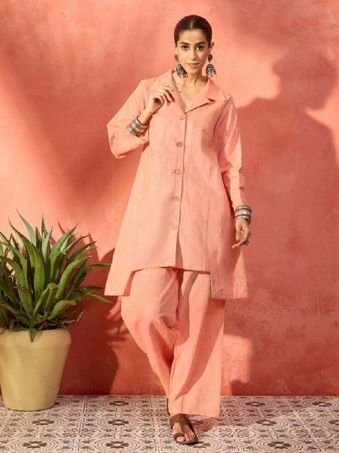 inweave peach cotton textured pattern kurta & pant set