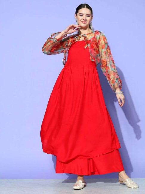 inweave red & green kurta & palazzo set with cape