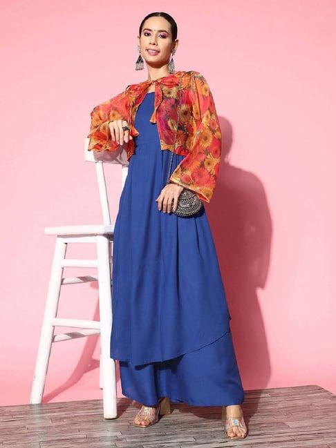 inweave blue & orange kurta & palazzo set with cape