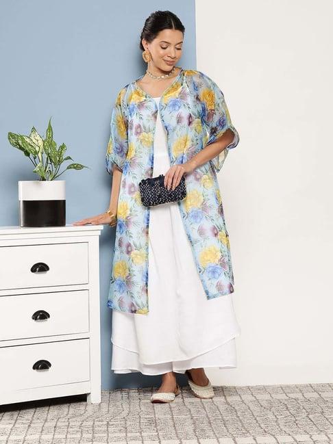 inweave white & blue kurta & palazzo set with cape