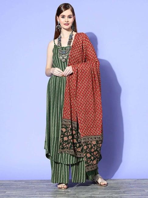 inweave green printed kurta & palazzo set with dupatta