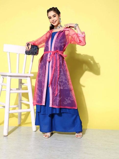 inweave blue & pink kurta & palazzo set with cape