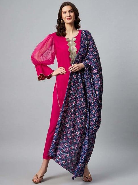 inweave pink & blue kurta & pant set with dupatta