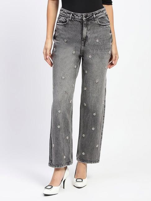 madame grey cotton embellished mid rise jeans