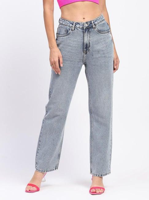 madame light blue cotton embellished mid rise jeans