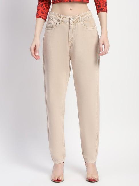 madame beige cotton relaxed fit mid rise jeans