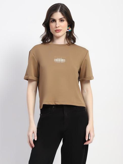 madame beige cotton graphic print t-shirt