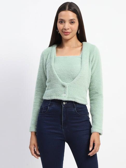 madame light green cotton textured crop top with shrug