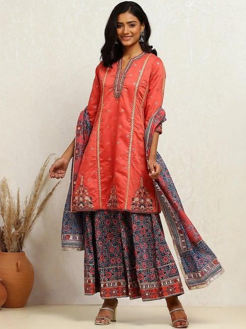 biba coral & navy embroidered kurti sharara set with dupatta