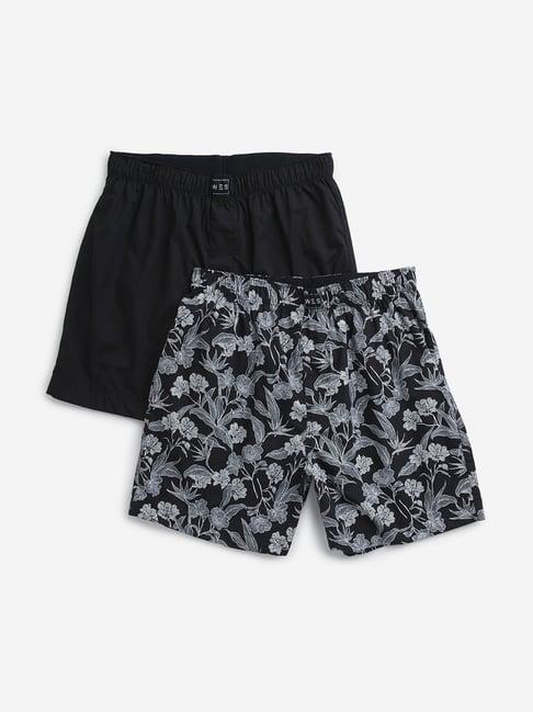 wes lounge by westside black floral printed cotton boxers - pack of 2