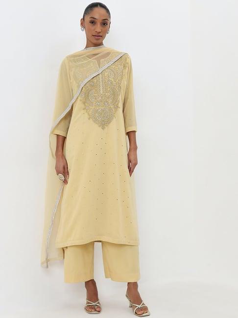 vark by westside light yellow a-line kurta, pants and dupatta set