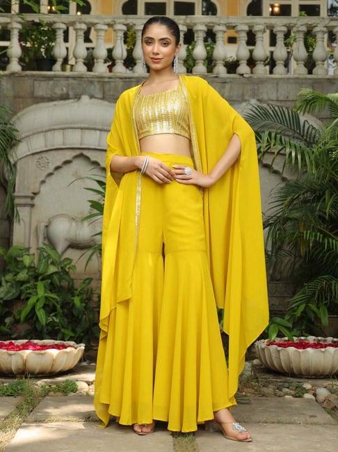 janasya yellow embellished crop top sharara set with cape