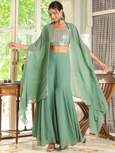 janasya green embellished crop top sharara set with cape