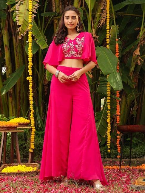 janasya pink embroidered crop top palazzo set