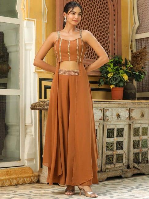 janasya brown embellished crop top palazzo set