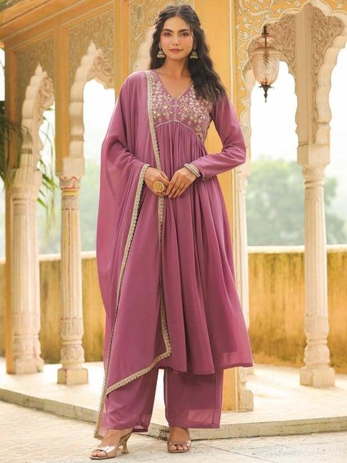 janasya purple embroidered kurta palazzo set with dupatta