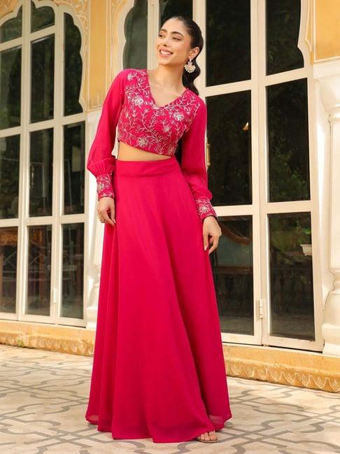 janasya pink embroidered crop top skirt set