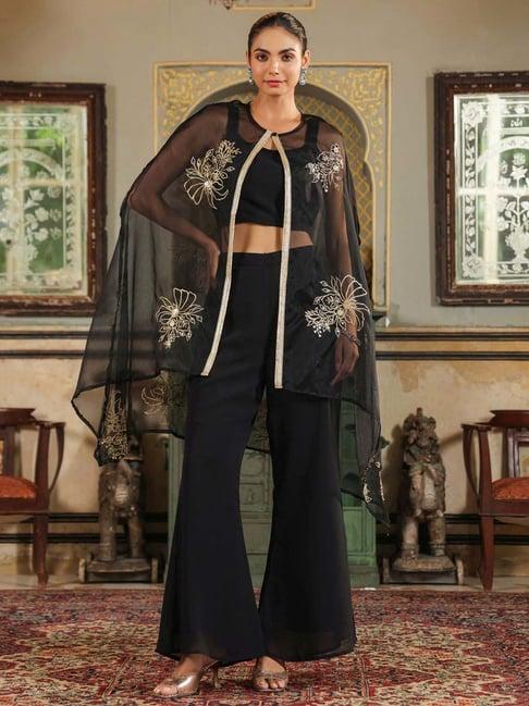 janasya black embroidered crop top palazzo set with cape