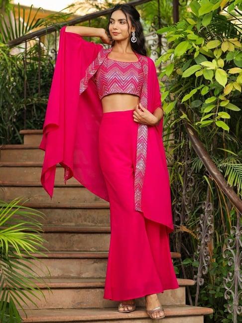 janasya pink embroidered crop top palazzo set with cape