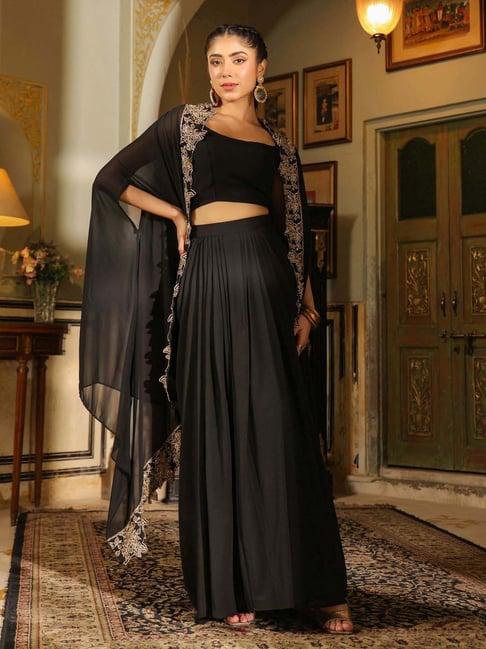 janasya black embroidered crop top skirt set with cape