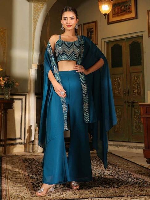 janasya blue embellished crop top palazzo set with cape