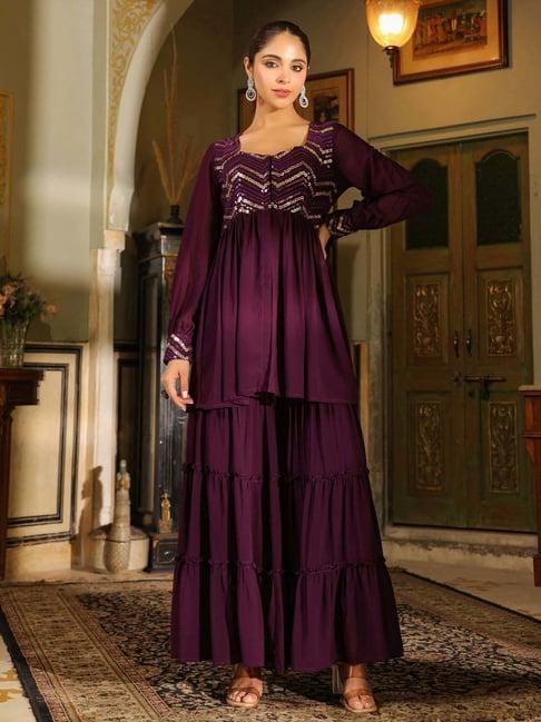 janasya purple embellished tunic sharara set