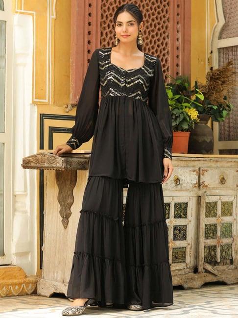 janasya black embellished tunic sharara set