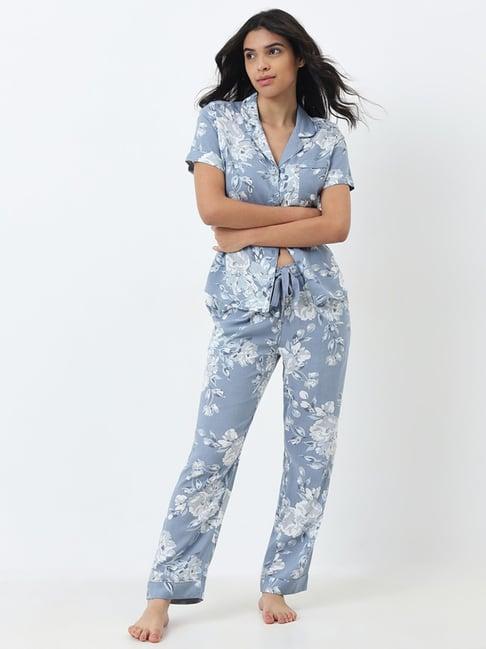 wunderlove by westside dusty blue floral shirt & high-rise pyjamas set