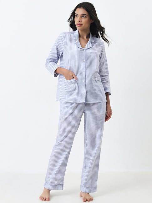 wunderlove by westside blue cotton shirt with high-rise pyjamas set