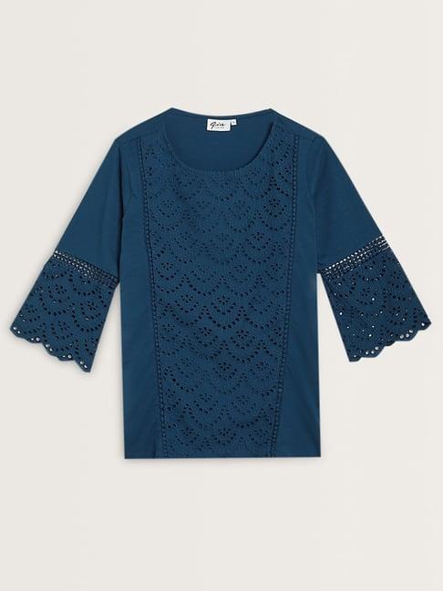 gia by westside dark blue schiffli design cotton blouse