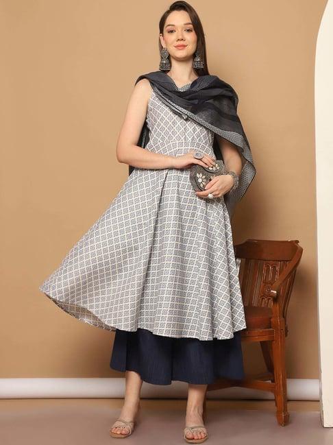 jompers navy printed kurta palazzo set with dupatta