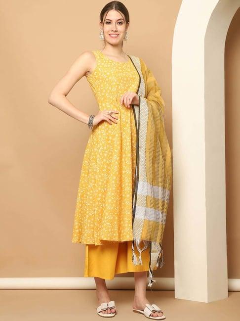 jompers yellow printed kurta palazzo set with dupatta