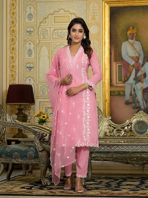 varanga pink embroidered kurta with pant & dupatta