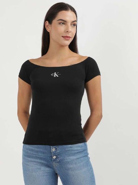 calvin klein black cotton logo print top