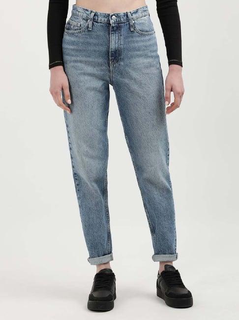 calvin klein blue cotton embroidered mid rise jeans