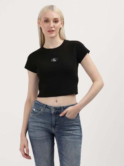 calvin klein black cotton logo patch work crop t-shirt