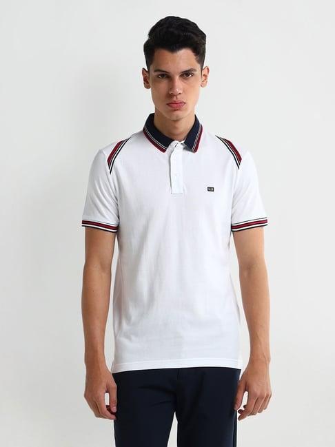 arrow white cotton regular fit stripes polo t-shirt