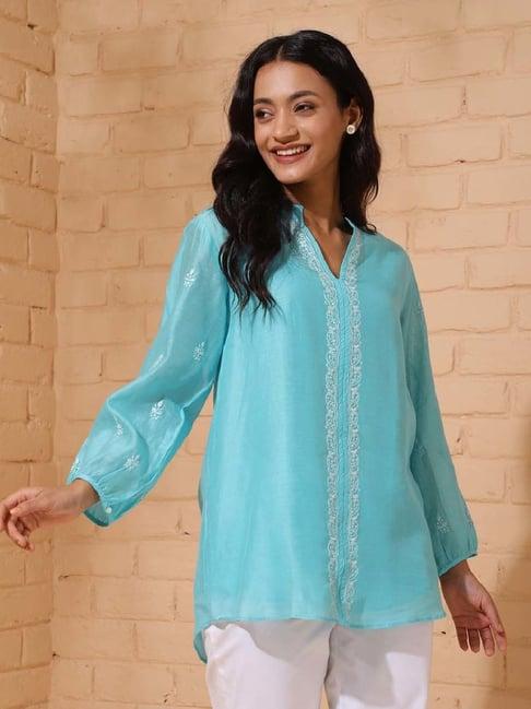 fabindia blue embroidered tunic with slip