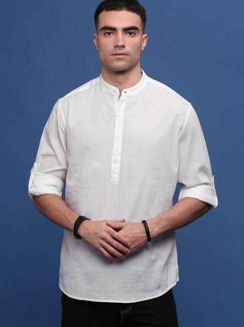 showoff white cotton slim fit self pattern short kurta