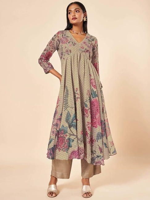 marigold lane khaki printed kurta palazzo set