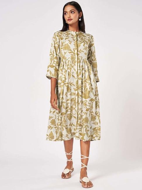 marigold lane beige printed a-line dress