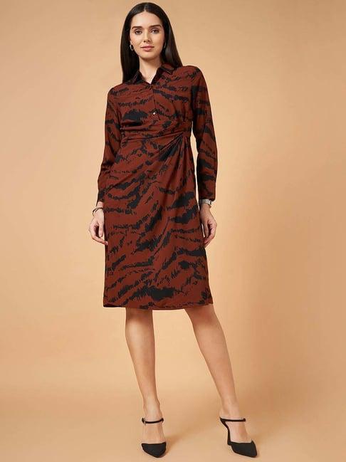 annabelle by pantaloons brown printed shirt dress