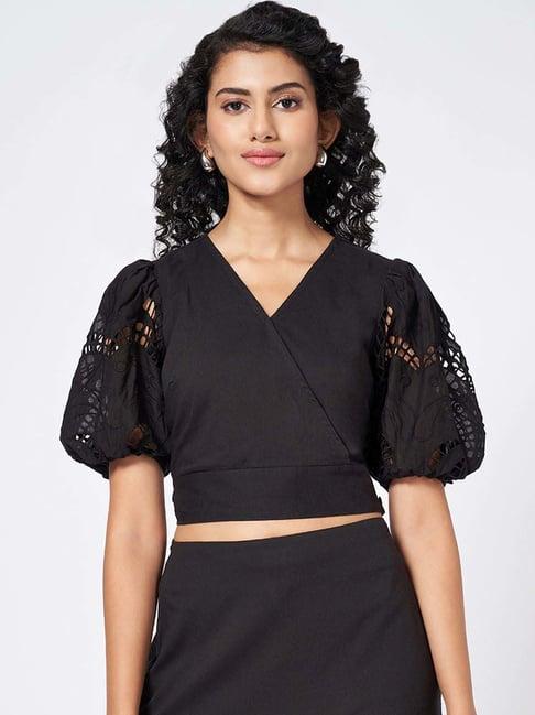 honey by pantaloons black self pattern crop top