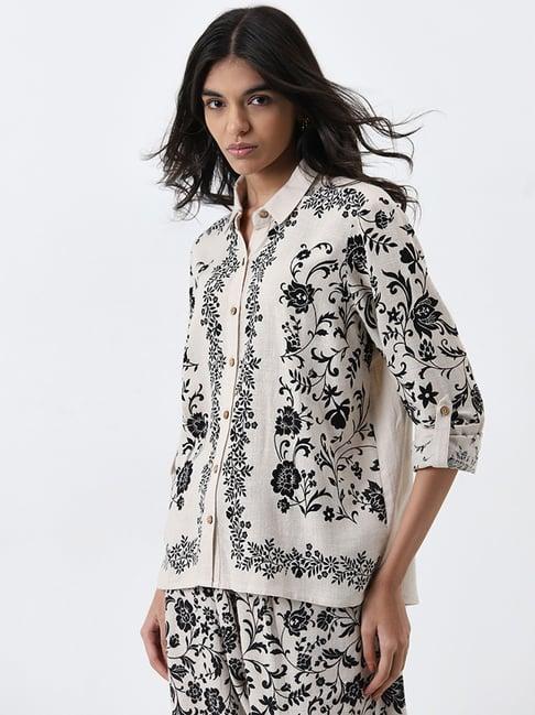 lov by westside beige floral printed blended linen shirt