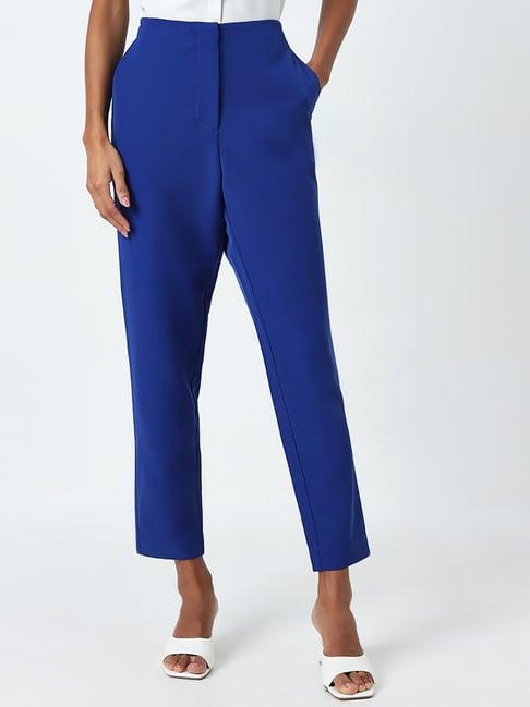 wardrobe by westside blue solid high-rise trousers