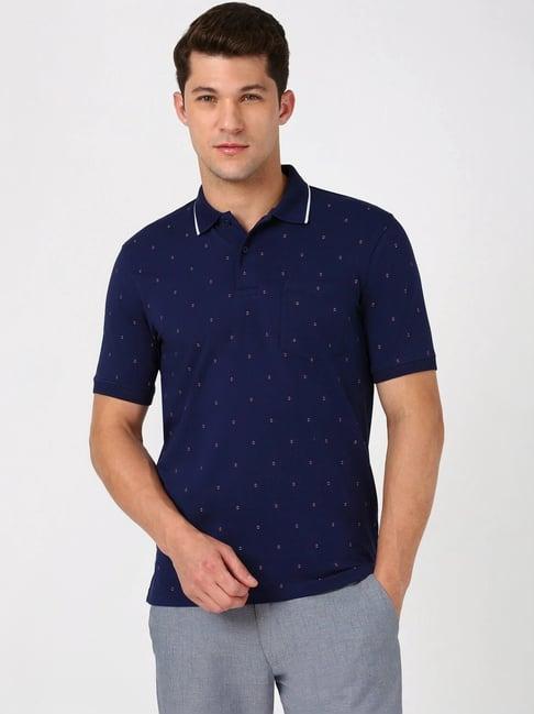 peter england navy cotton regular fit printed polo t-shirt