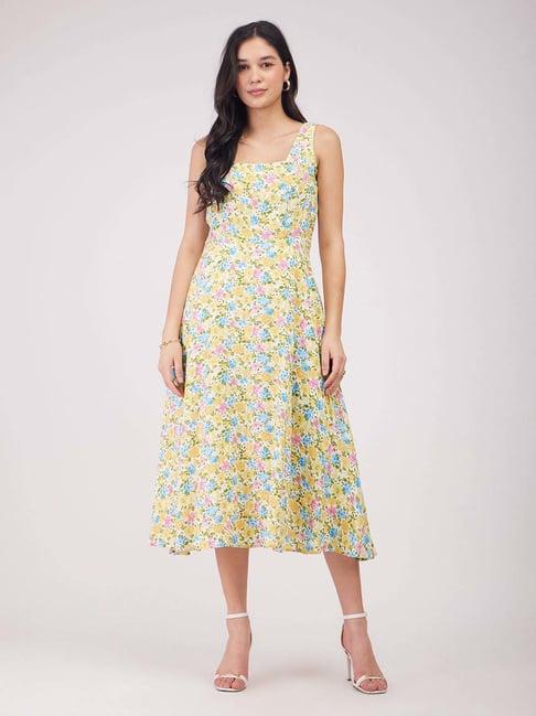 fablestreet yellow & blue floral print a-line dress