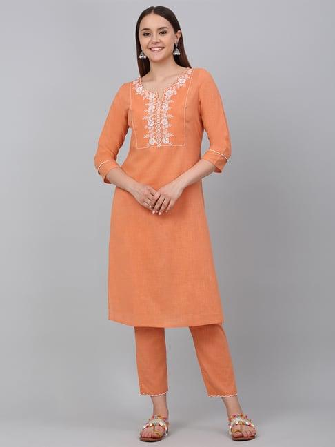 cantabil orange embroidered kurta pant set