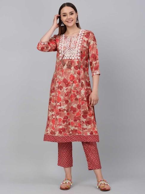 cantabil red embroidered kurta pant set